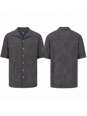 Caribbean Joe Men’s XL 100% Silk Charcoal Tropical Jacquard Hawaiian Camp Shirt